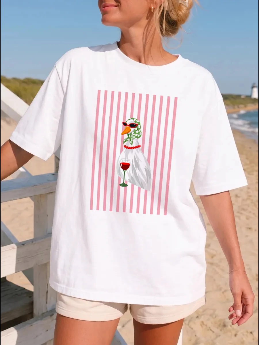 Vertical Stripe Dashy Ducks Print Cotton T-Shirts Women Summer Oversized Tops Casual O-Neck Short Sleeve Tees Basic Soft Clothes