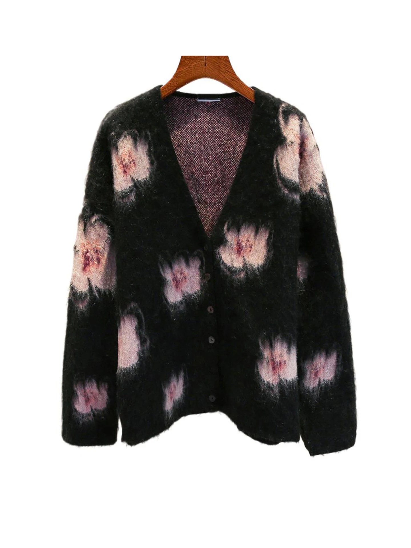 

Ele Hand-Painted Peach Blossom V-Ne Knitted Open Cardigan Outerwear for Women Premium Quali Commute Sle Regular Fit