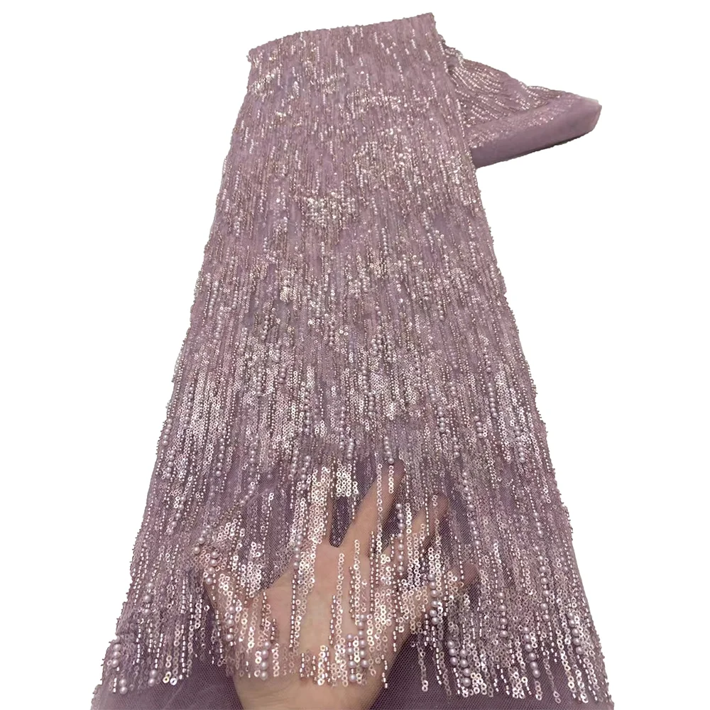

2025 African Nigeria High Quality Sequins Tulle Lace Fabric Embroidery Wedding Party Guipure Dress Beads Stone 5Yards
