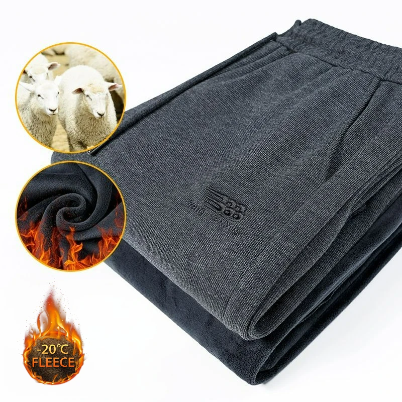 Fleece Thicken Autumn Winter Stretch Trousers Men Lambwool Thermal Straight Casual Wide Pant Sport Jogging Sweatpants Golf Pants