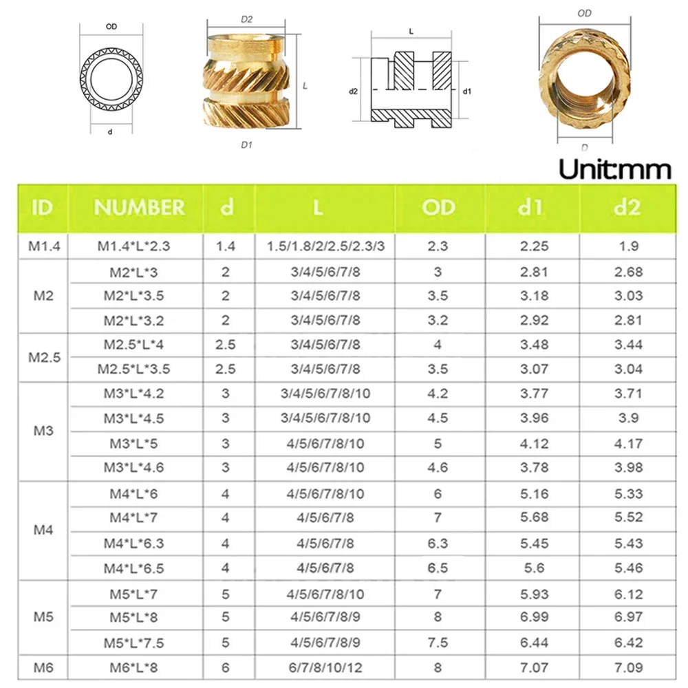 M1-M6 Dado inserto in ottone Hot Melt Heat Filettato Zigrinatura incorporato Dado di iniezione per stampa 3D Plastica Lunghezza