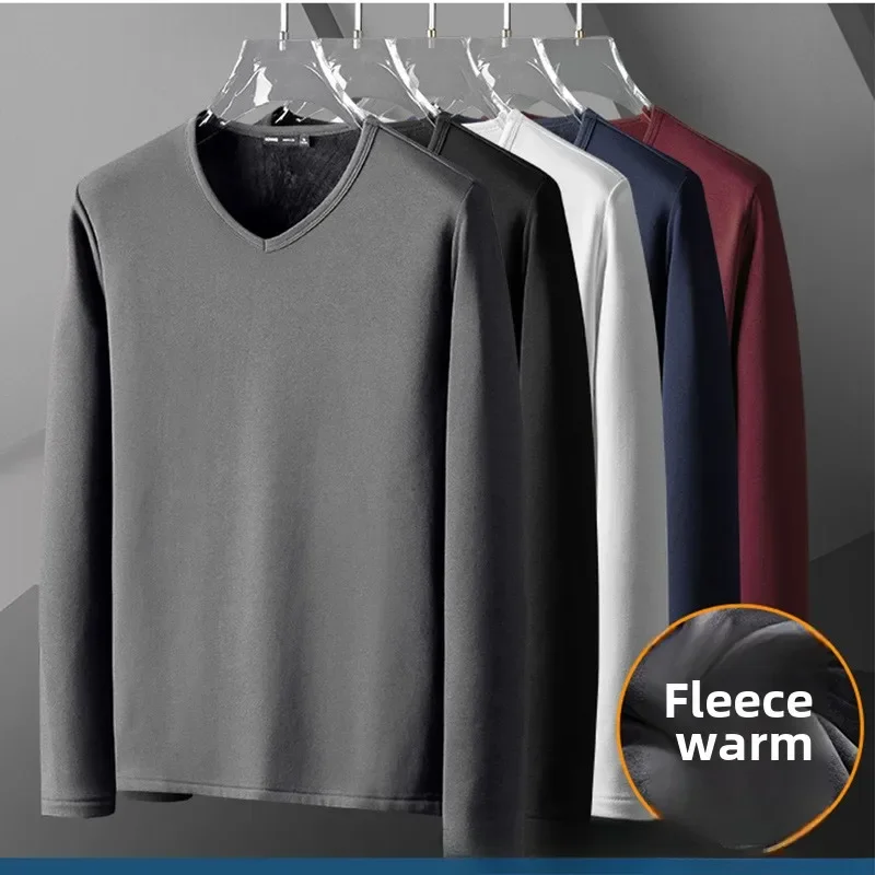 Winter Men's Thickening Velvet Warm Tops Men's Winter Long-sleeved Thermal Underwer Male Round Neck Fashion T-shirt M-5XL