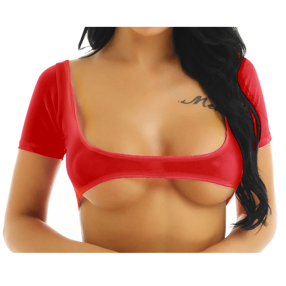 Womens Sexy T-shirts Soft See Through Crop Top Open Bust Short Sleeves T-Shirt Causal Y2k Clothes Elastic Tops Woman Clothing