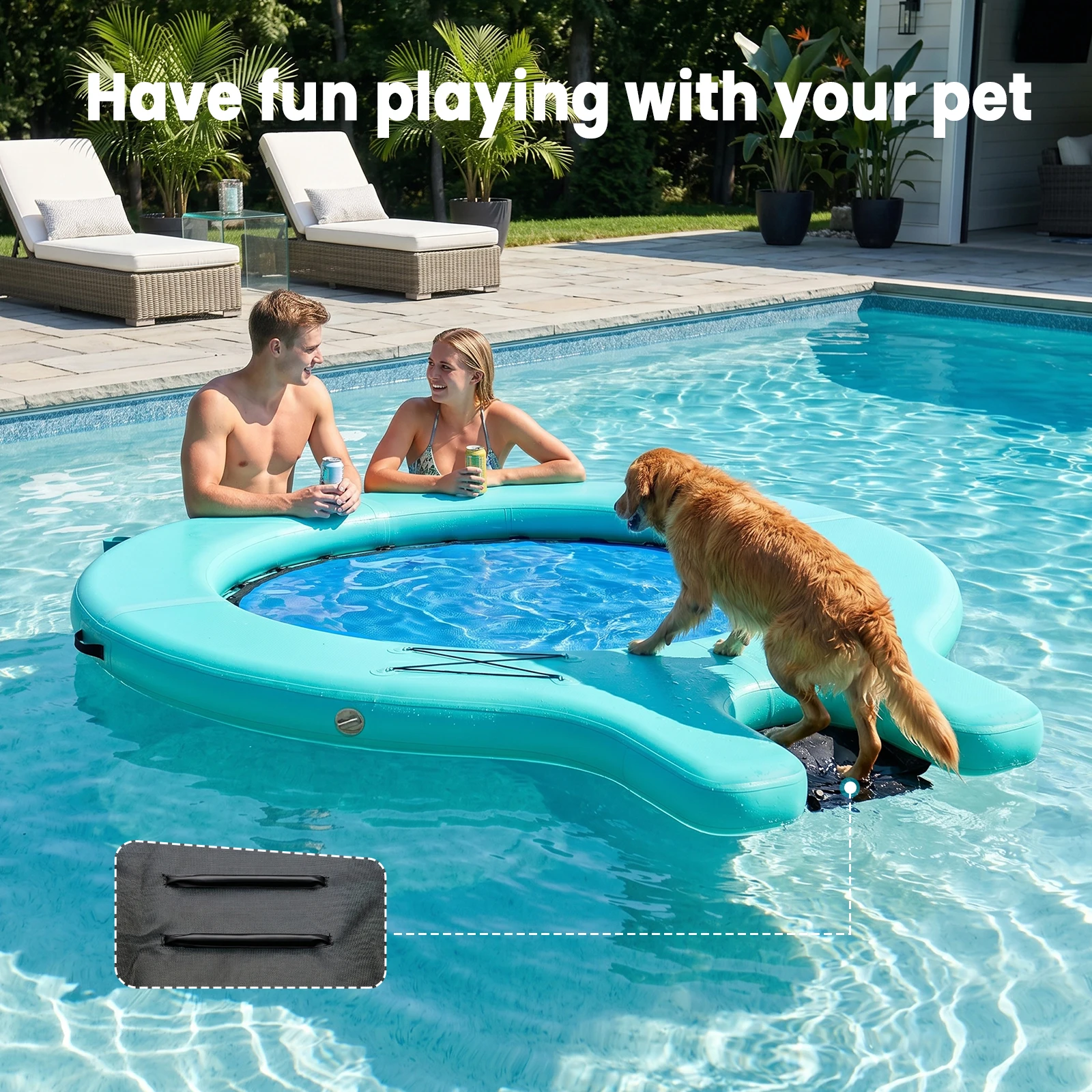 Inflatable Floating Dock with Boat Ramp, Mesh Water Hammock Lounger, Lake Float with Cup Holders, 3-4 Person Inflatable Platform for Pool, Sea, River, Party, Tanning, Pet-Friendly
