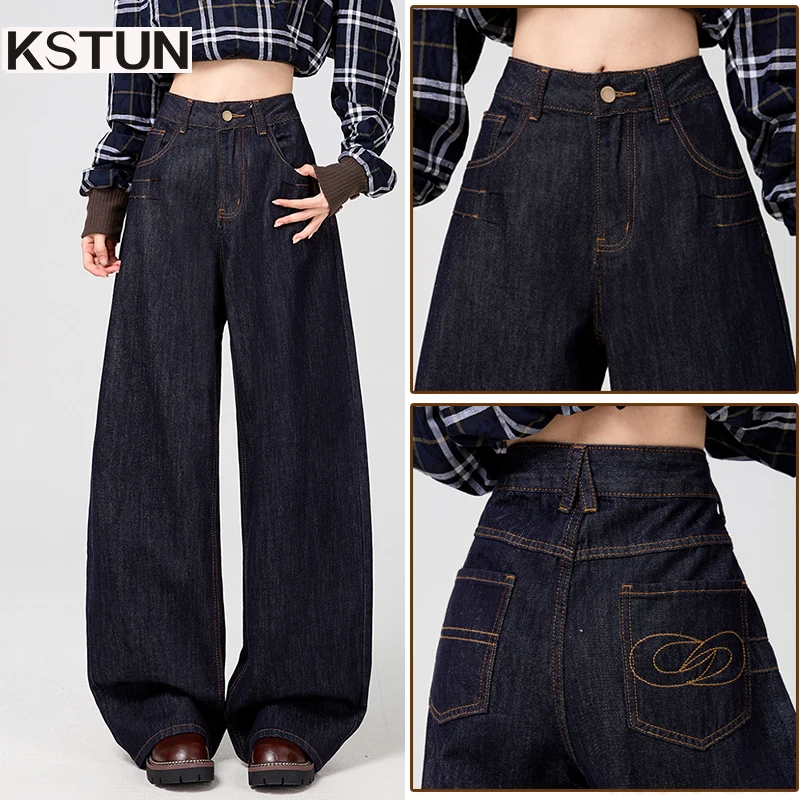 KSTUN 2026 High Waisted Women's Wide Leg Jeans Denim Pants Vintage Embroidered Pockets Loose Female Long Trousers Floor Length