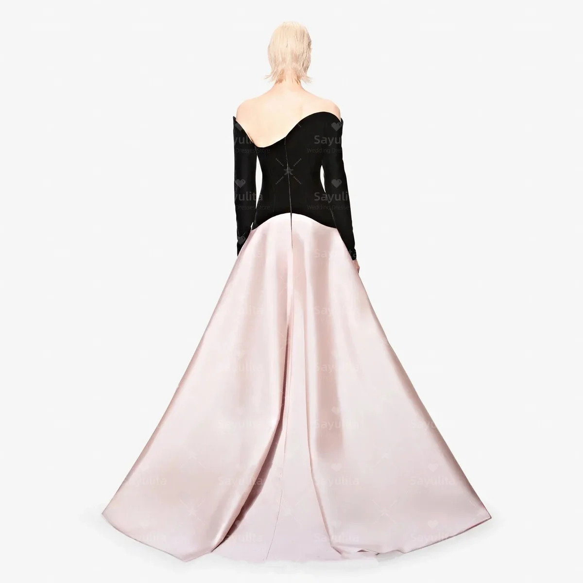 Sayulita Contrast Color Prom Dresses Long Sleeves Evening Gowns for Saudi Women Zipper Back Satin Formal Party Dress Customized