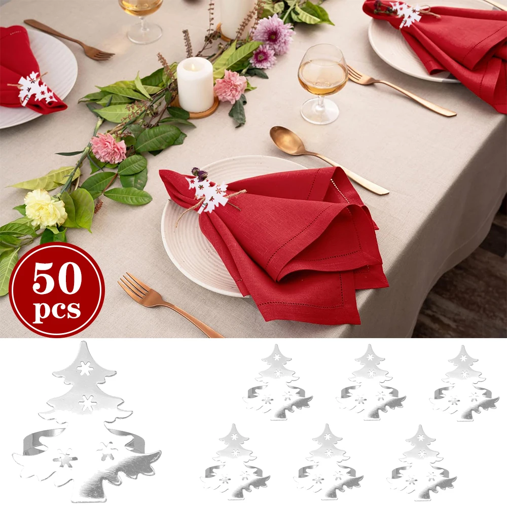 50Pcs Christmas Tree Napkin Ring Hollow Out Snowflake Serviette Buckles for Christmas New Year Wedding Party Dinner Table Decor