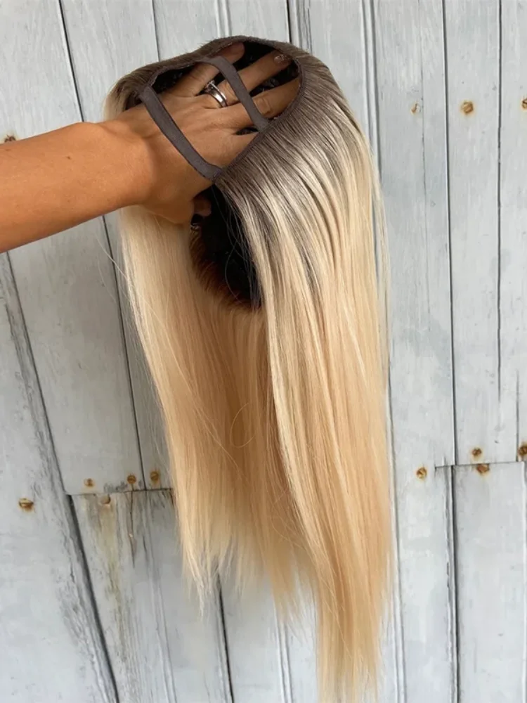 100% REMY Blonde U-deelpruik van echt haar met donkere wortels 2x4 Opening Rechte pruiken Realistisch Dagelijks gebruik Natuurlijk haar U-deelpruik - afbeelding 2