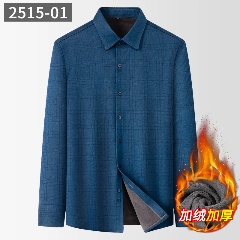 Men's Blue Plaid Long Sleeve Fleece Lined Thickened Button-Down Shirt