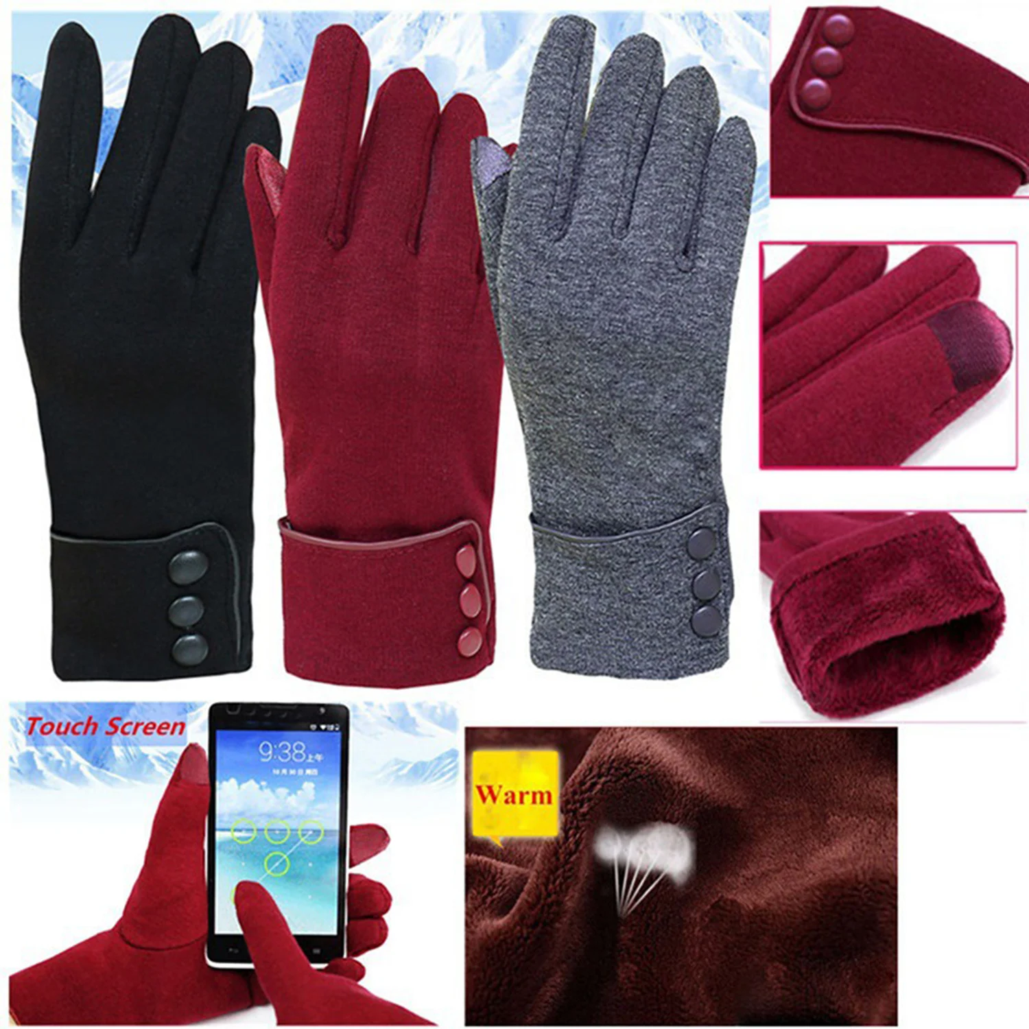 

New Female Autumn Winter Warm Gloves Fleece Lined Thermal Full Finger Warm Gloves Women Cotton Touch Screen Gloves