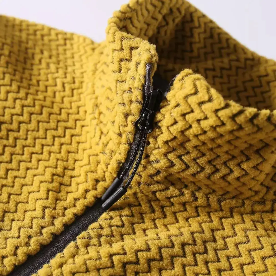 سترة صوفية للجنسين من سلسلة المشي لمسافات طويلة في الهواء الطلق، ياقة عالية، نمط متموج، دافئة وعصرية، إغلاق بسحاب، أكمام طويل...