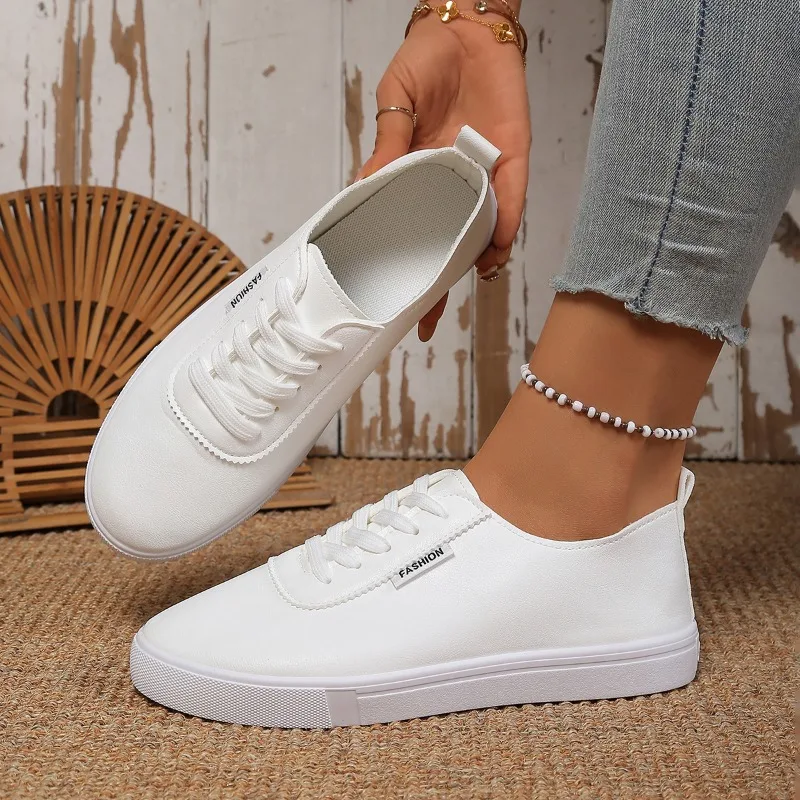 Women's Sneakers Round Toe Flat Heel Smooth Upper Lace Up Walking Shoes Minimalist Casual Daily Footwear Simple Clean Daily Wear