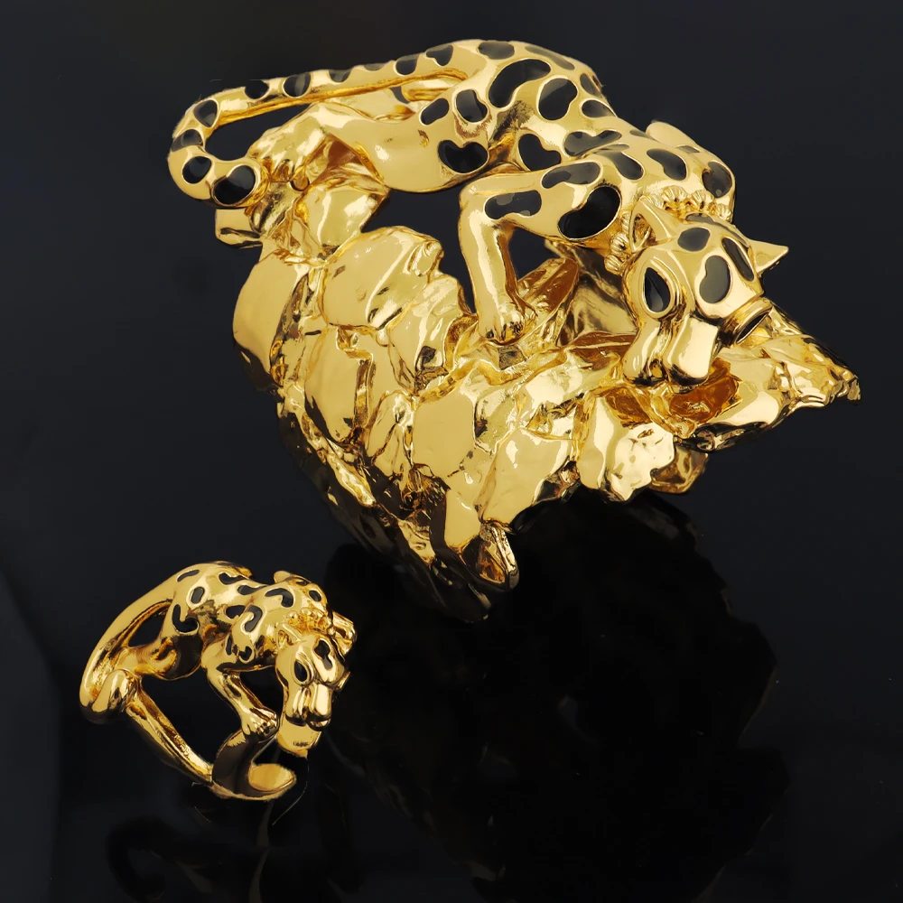 

New arm cuff jewelry dubai Black leopard Bracelets ring Jewelry set Gothic Creative Fashion Party Gifts Wholesale