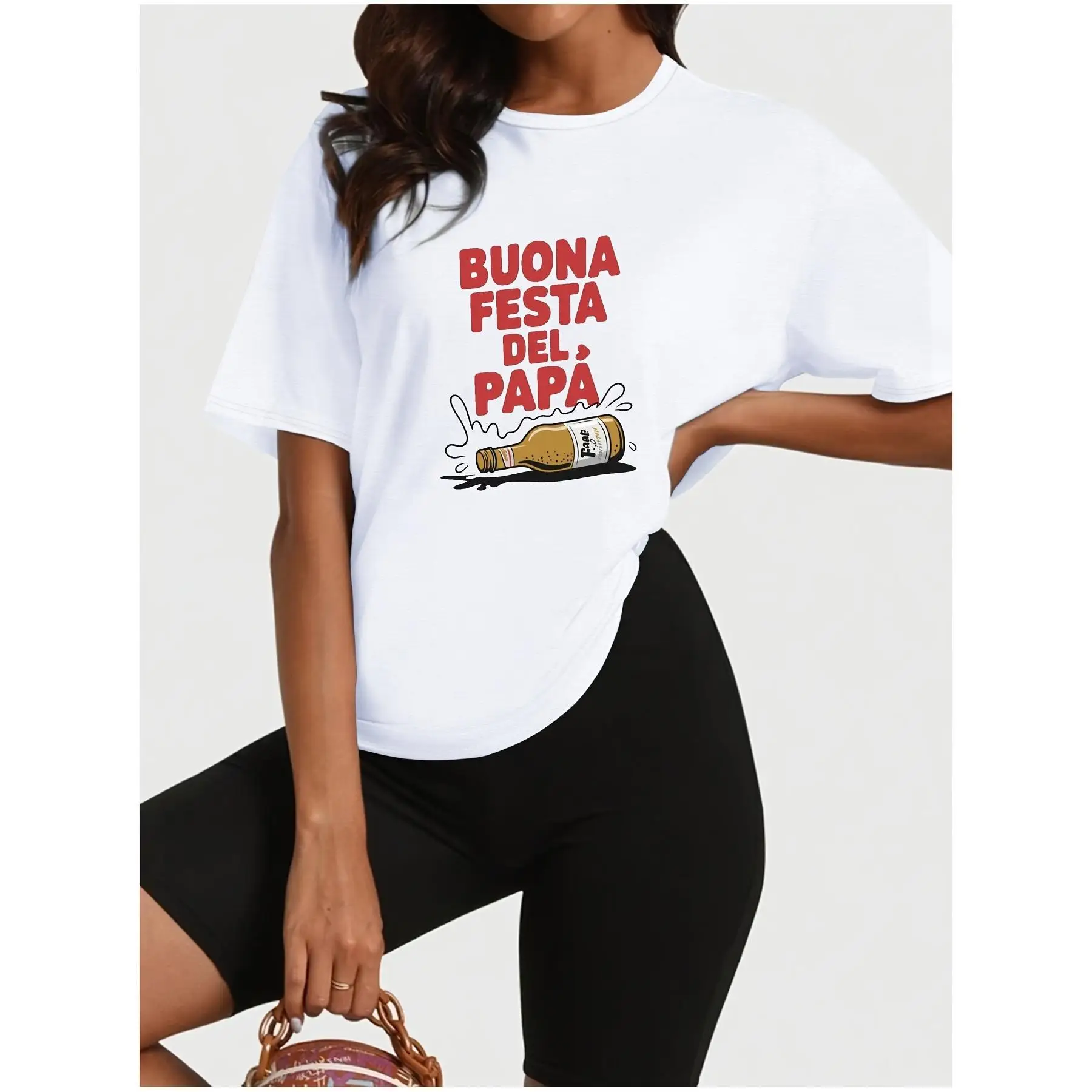 

Women's Plus-Size Happy Father's Day T-Shirt - White Casual Short Sleeve with Red "Buona Festa del Papa" Graphic & Beer Mug Desi