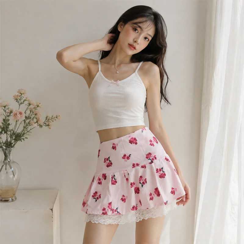 Women's Rose Print Mini Skirt Lace Hem Ruffle A Line High Waist Vintage Y2K Summer Cute Casual Short Skirt Outfit