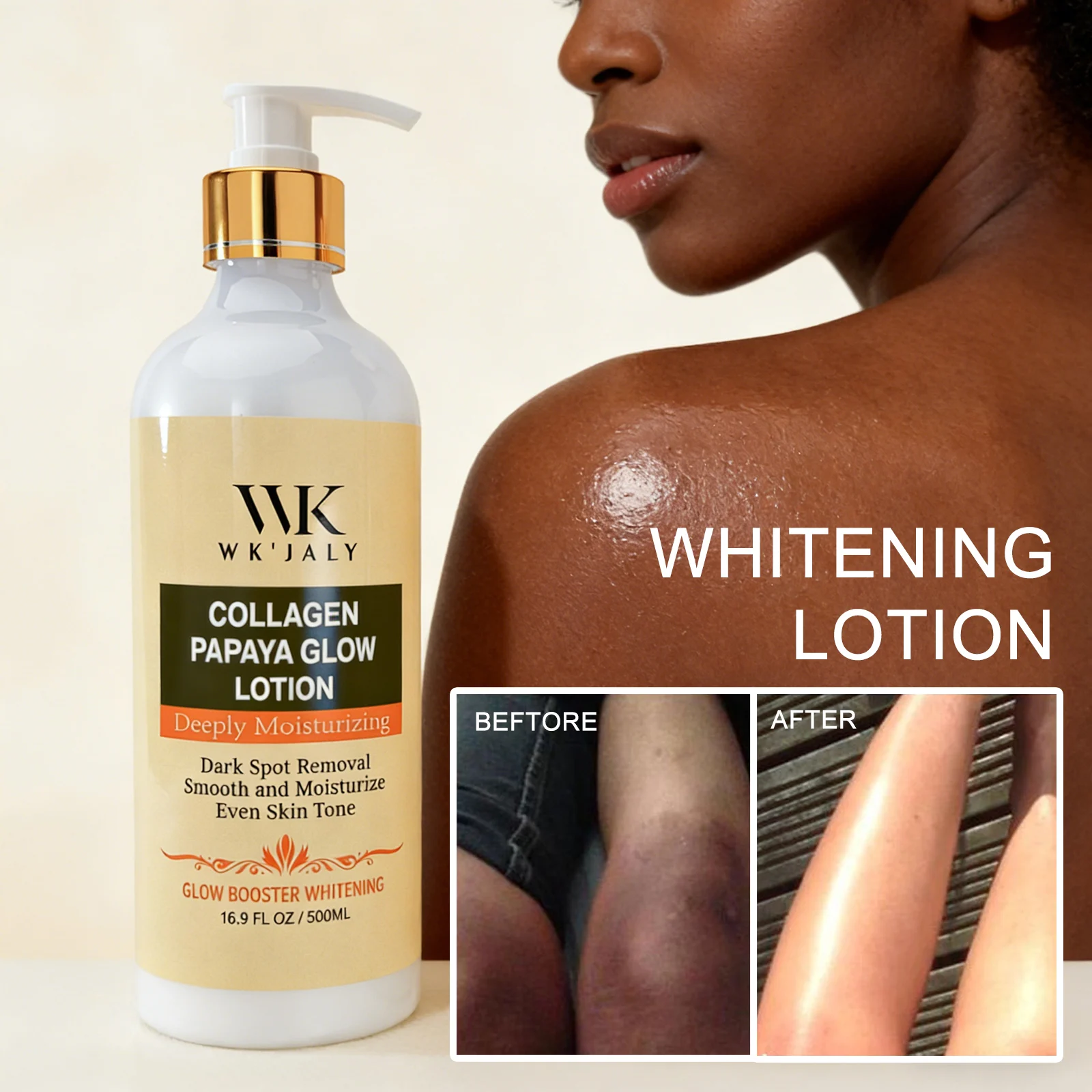 

WK JALY Collagen Papaya Glow Body Lotion, Lighten, Moisturizing, Dark Spots Removal, Even Skin Tone For All Skin Types, 500ml