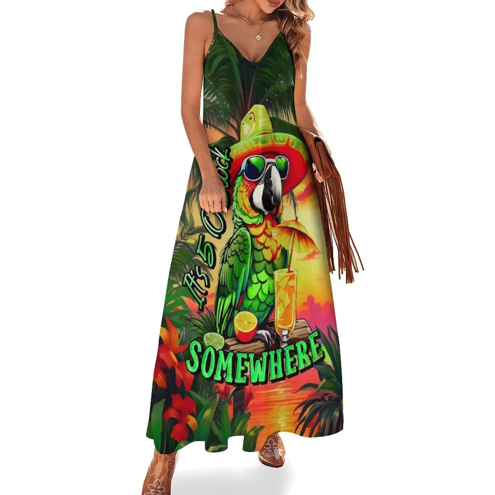 

It's 5 o'clock somewhere Tropical Parrot Sleeveless Long Dress party dresses woman dress summer dress women summer 2025