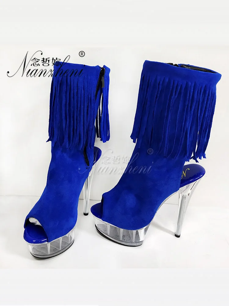 Models 6 Inches Pole Dance Lace Up Sexy Fetish 15cm Platform Ankle Boots Stripper Heels Fringe Gladiator Exotic Nightclub Flock