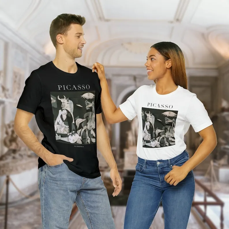 男性と女性のためのピカソの絵が描かれたTシャツ,ユニセックスのアートTシャツ,芸術愛好家へのギフト,ゲルニカ,キュービズム