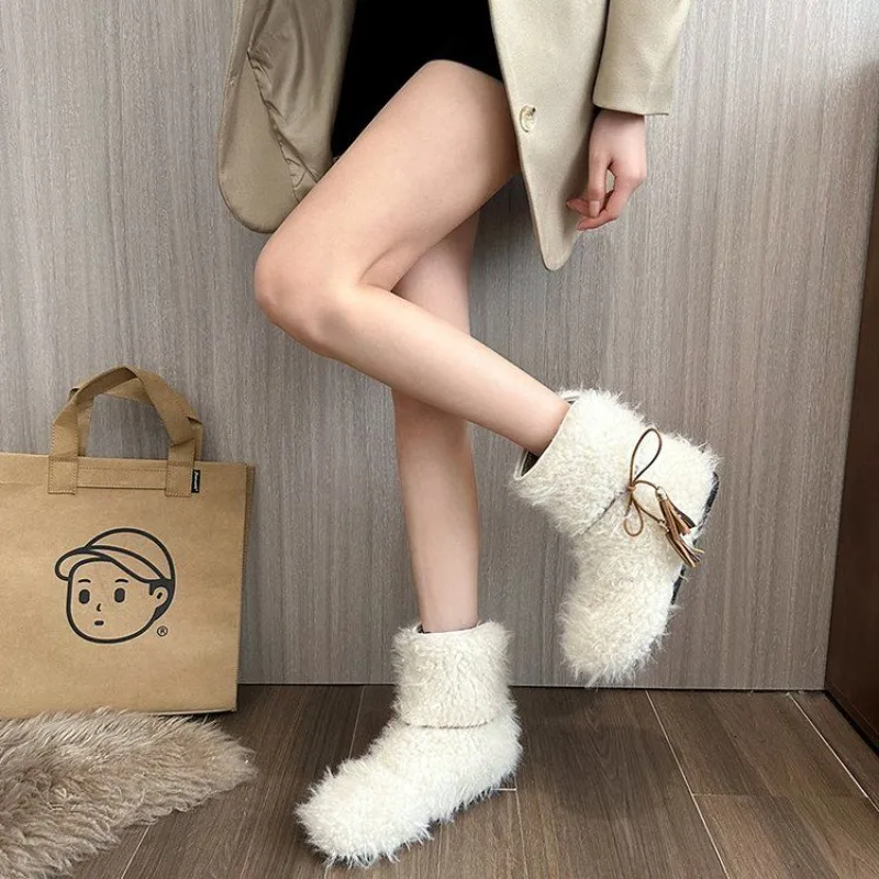 

Solid Color Fleece-Lined White Ladies Shoes Warm Flat Chic and Elegant Winter 2025 Novelty Fashion Work Goth Women's Snow Boots