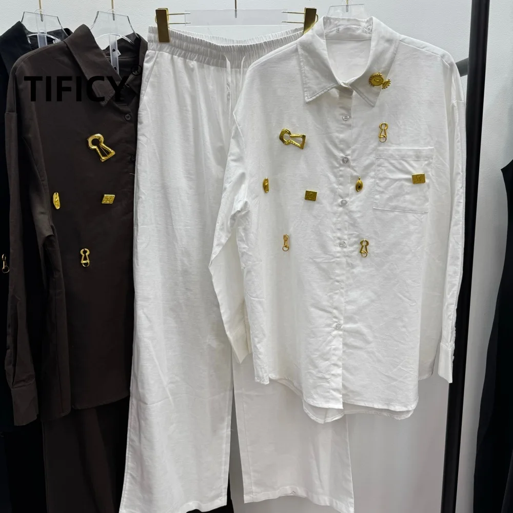 

High Street 2pcs Set Women's Autumn New Set Comfortable Long Sleeved Shirt Metal Buckle Decoration Versatile Two Piece Set