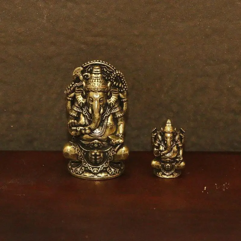 Vintage Brass Ganesha Statue Set With Exquisite Carving 2 Size Options For Home Altar Meditation Room Desktop Decor