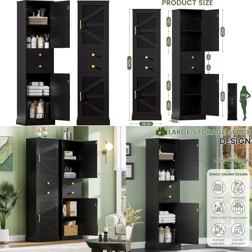 

67-дюймовый высокий шкаф для хранения в фермерском доме с 2 ящиками и регулируемыми полками