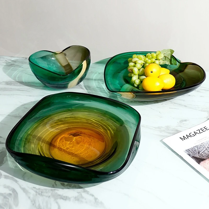 

Modern Handmade Irregular Glass Fruit Bowl Double-Color Gradient Design Stylish Home Decor for Living Room & Airbnb Genuine Hot