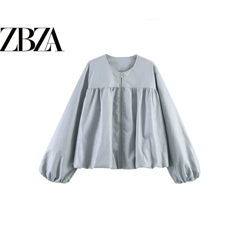 Loose Balloon Sleeve Faux Leather Jacket Commute Style Women's Outerwear Polyester Fabric round Neck Zipper Closure Color
