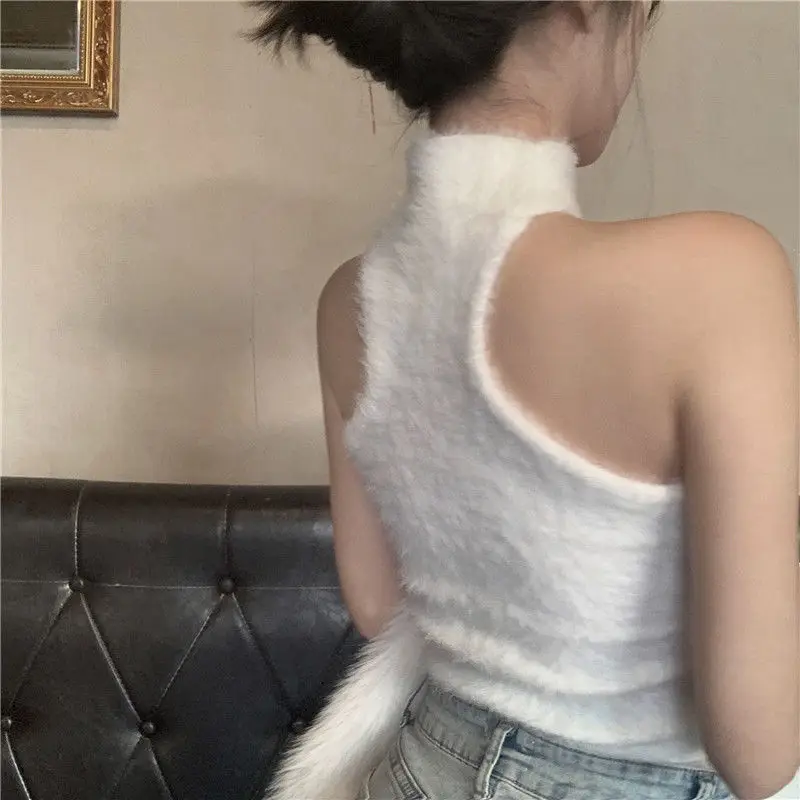 

Pure Desire, Sexy, Hanging Neck, Mink Fur Sweater, Camisole Vest, Women's Autumn And Winter, Wearing Strapless Sleeveless Top