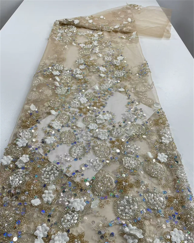 Alta qualidade africano francês tule tecido de renda lantejoulas bordado frisado para casamento nigeriano noivo