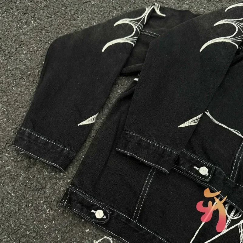 24ss Fashion Street Cleanfit Thug Club Jacket Metal Stars Moons Logo Embroidered Tassel Pocket Black Denim Coats Men Women