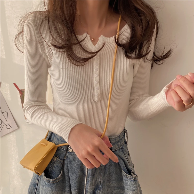 2024 Sweater Women Solid Color O-neck Pullovers Basic Primer Pull Femme Button Chic Jumper Soft Slim Autumn Knitted Sweaters