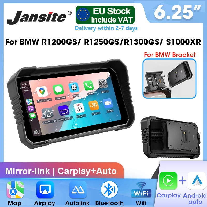 Radio de navigation pour moto Jansite 6,25 pouces pour BMW R1200GS/ R1250GS/R1300GS /S 1000XR CarPlay Android Auto, casque Bluetooth, stéréo moto avec capteur externe TPMS