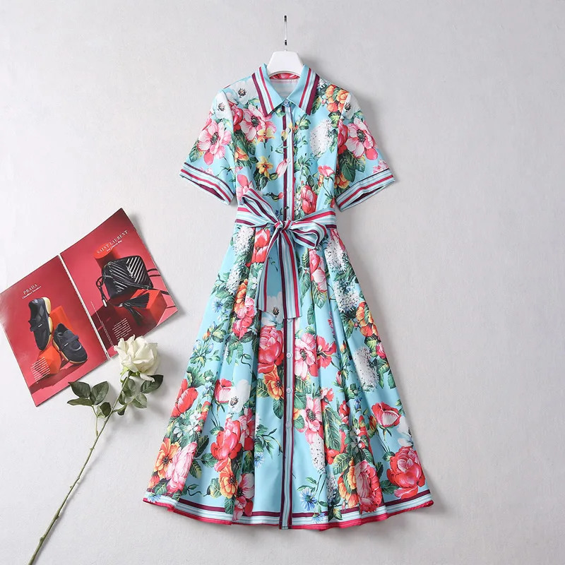 Vestido plissado de manga curta feminino, gola virada para baixo, vestidos estampados com flores verdes