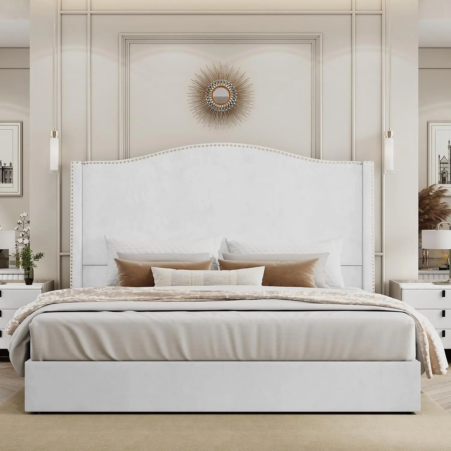 Up Storage Bed King Size, Upholstered Platform Bed Frame Tall Headboard with Wingback, Hydraulic Lifting Underneath