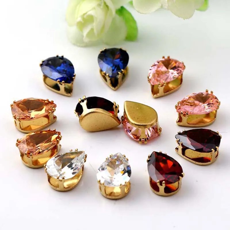 10x14mm 10pcs/pack Drop Top Quality Multicolour Natural Zircon, Golden Base Super Flash Sew on Stones, Diy/Jewellery Accessories