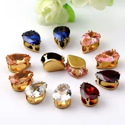 10x14mm 10pcs/pack Drop Top Quality Multicolour Natural Zircon, Golden Base Super Flash Sew on Stones, Diy/Jewellery Accessories