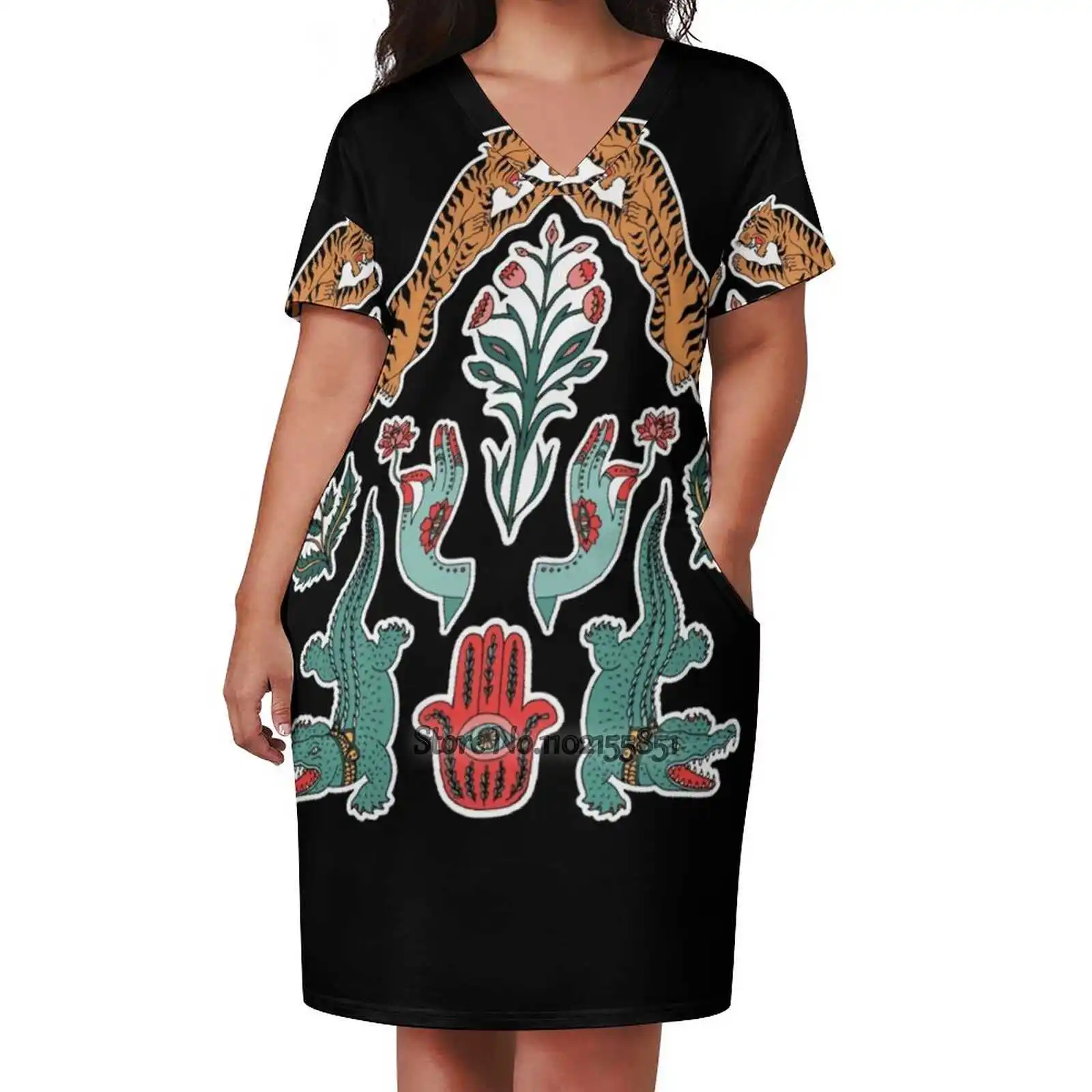 Indische Inspiration Square Neck Kleid Sommer Kleid Frauen Elegante Halfter Print Kleid Indische Tiger Boho Indien Alligator Ethnische