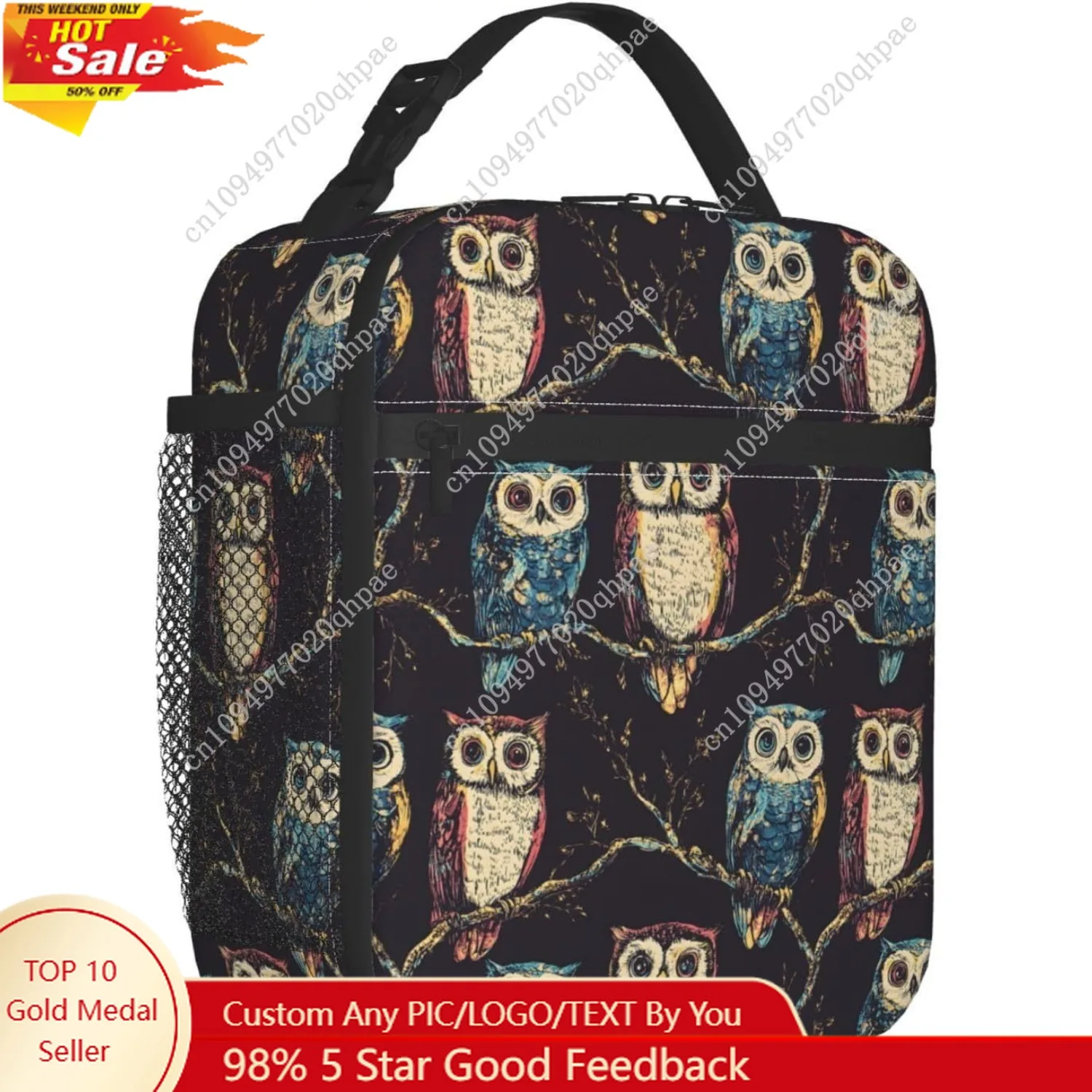 

Owl Lunch Bag, Polyester Tote Bags with Vintage Colorful Owls on Branch, Retro Insulated Lunchbox, Portable Lunchbag Decor Gifts