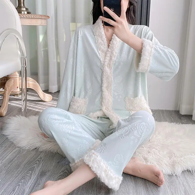 

New Women Pajama Set Girl Homewear Long Sleeve Island Fleece Warm Sweet Elegant Cute Two Piece Home Loungewear Ladies Sleepwear
