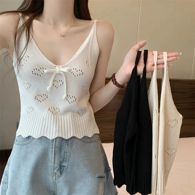 

Sweet Spice Knitted Camisole Tank Top Women Summer Sleeveless Sexy Short Design Hollow Out Niche Inner Tops Bottom Shirt Bow