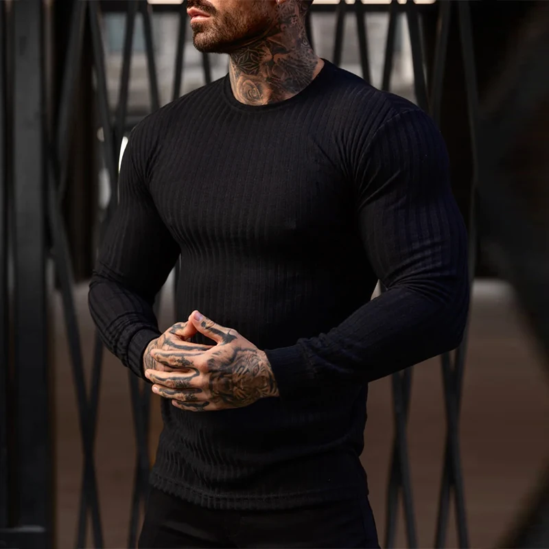 Autumn Running T-shirts Mens Classic Ribbed Knit Jumper Sports Long Sleeved Slim Fit Round Neck Casual Gym Fitness T Shirt