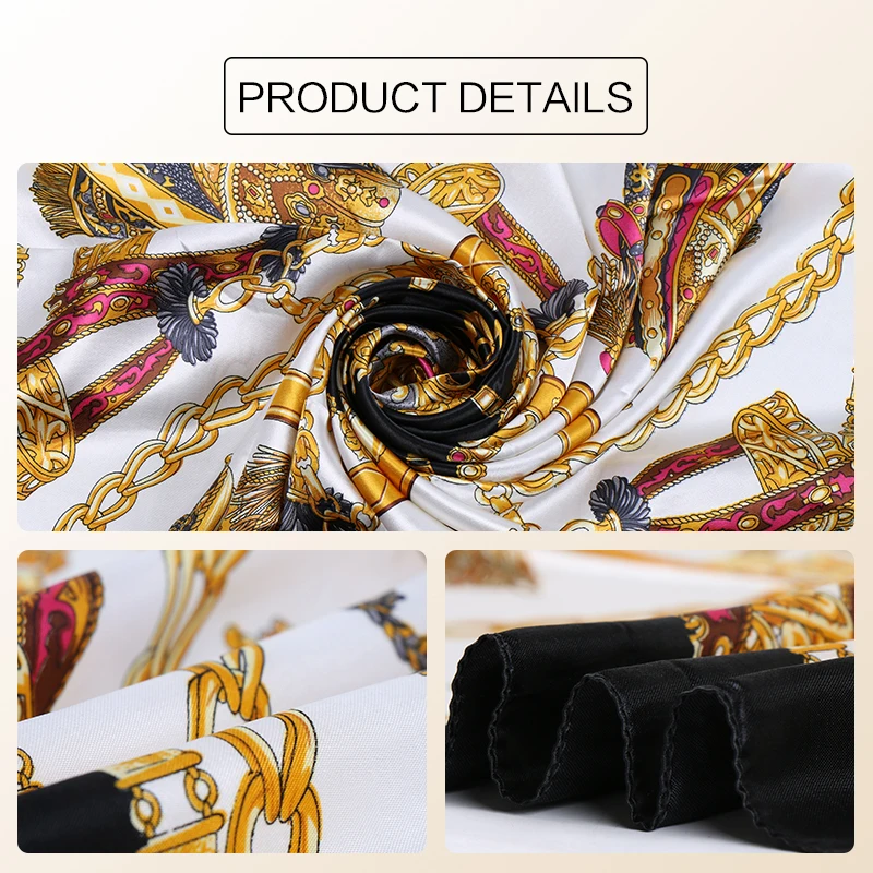 90x90cm Square Silk Scarf for Women Satin Hijab Handkerchief Printed Female Square Head Bandana Small Silk Hair Band Scarf Bag