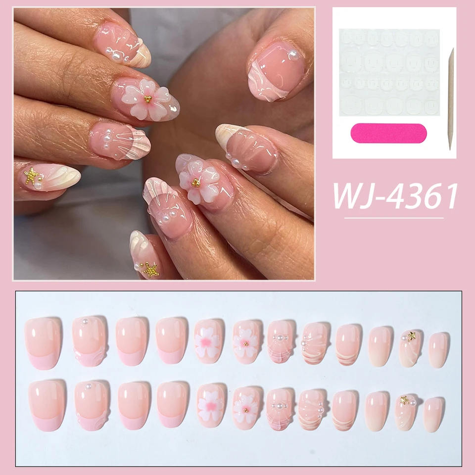 24 piezas uñas postizas ovaladas cortas 3D con flores de perla, estilo francés acrílico 3