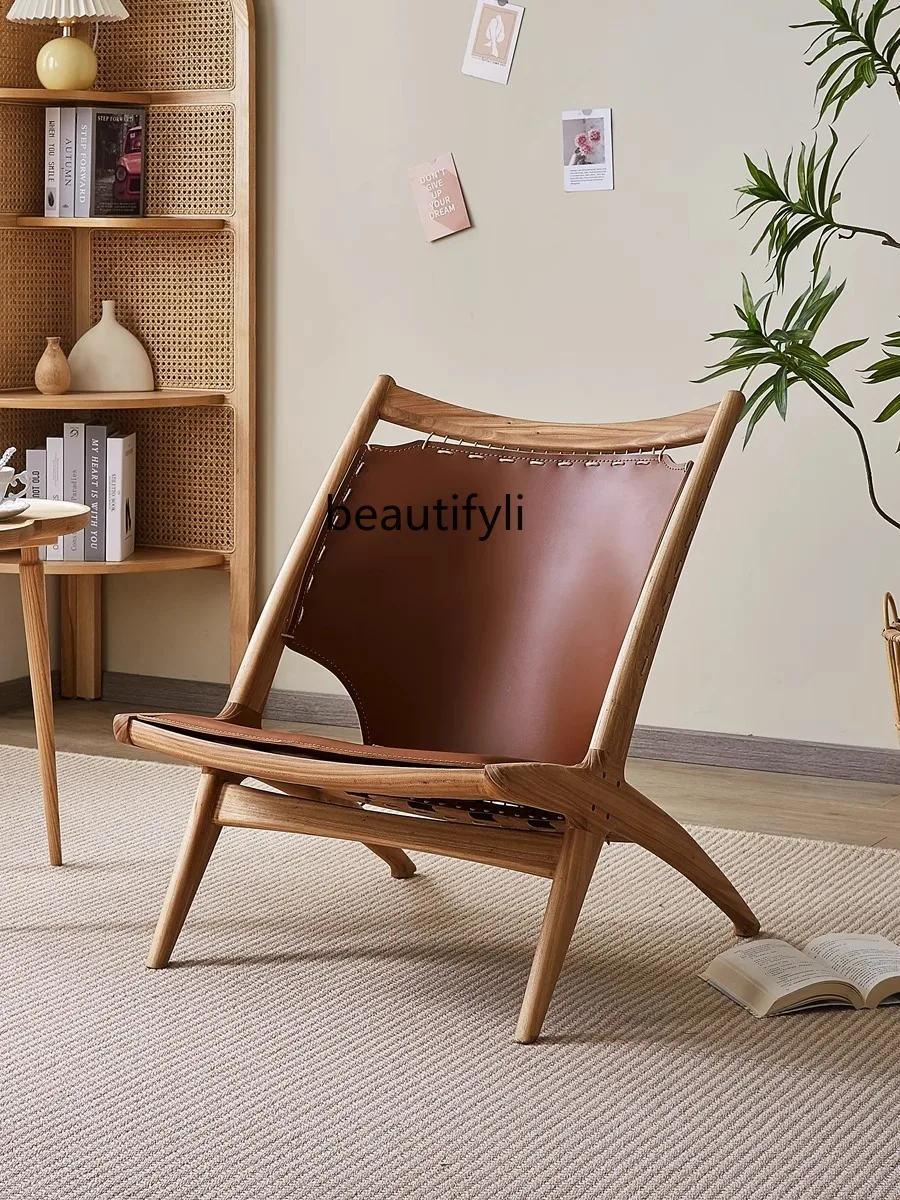 

Chinese Ancient Style Leisure Chair Simple Solid Wood Balcony Chair Living Room Home Single Sofa Recliner Saddle Leather