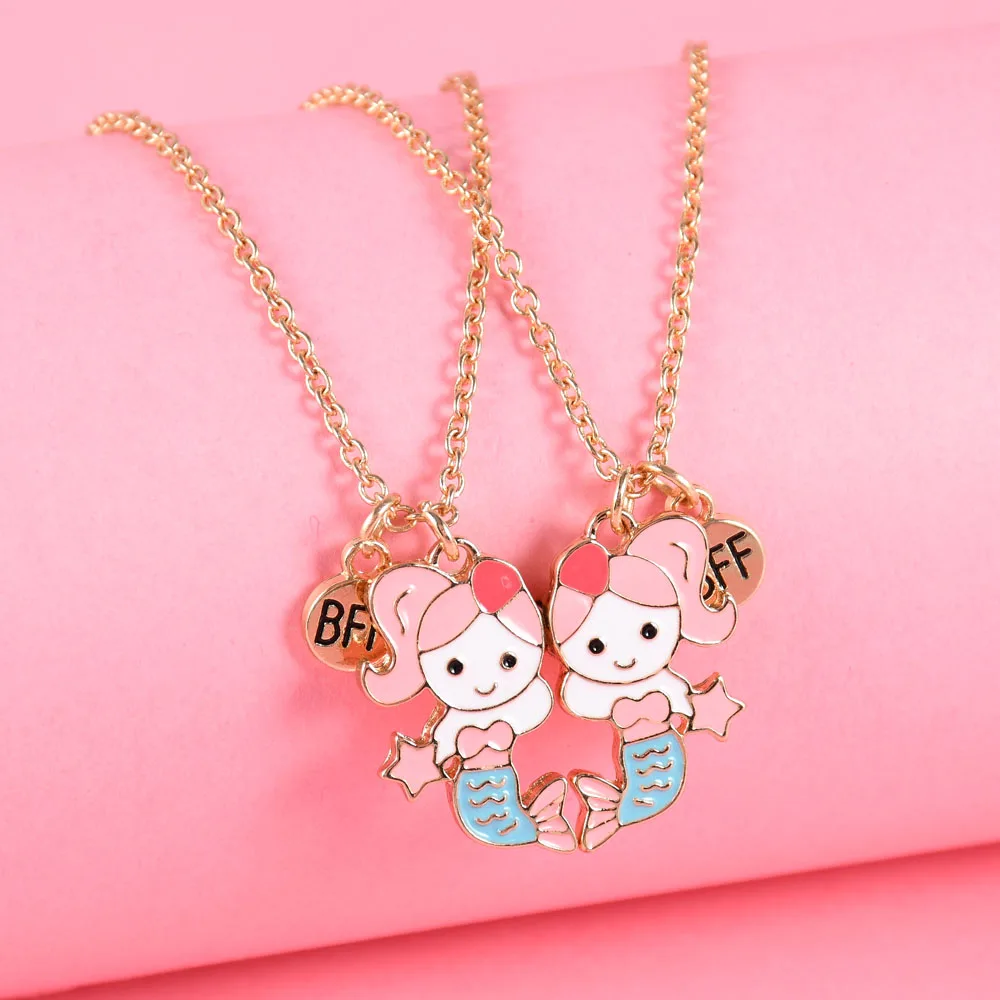 Elviragirl 2 teile/satz niedlichen Meerjungfrau Form Anhänger Schmuck besten Freund Halskette für Kinder Mädchen Mode Freundschaft Geschenke