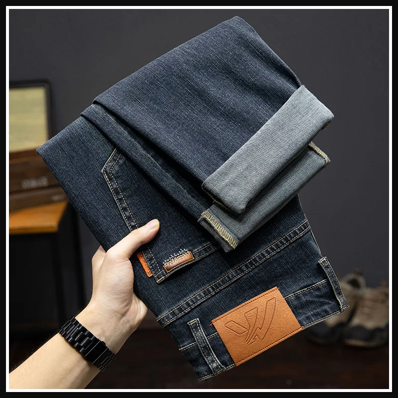 Fashionable Retro Classic Jeans Men's Spring and Autumn Stretch Slim Straight Casual All-Match Winter Fleece-lined Warm Pants