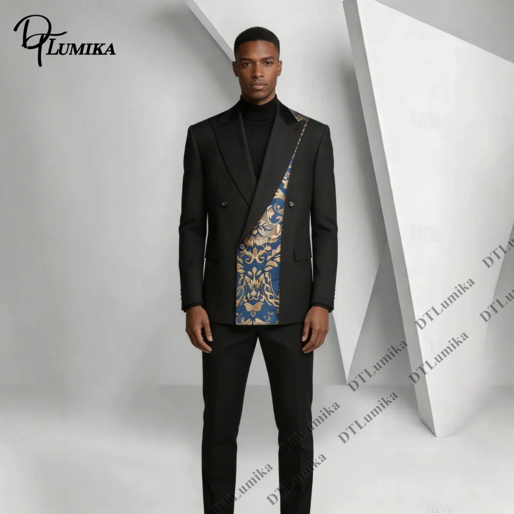 Made To Measure Men Suit 2 Pieces Black Blazer Pants Unique Pattern Lapel Double Breasted Jacket Wedding Guest Party Prom Tuxedo view 3