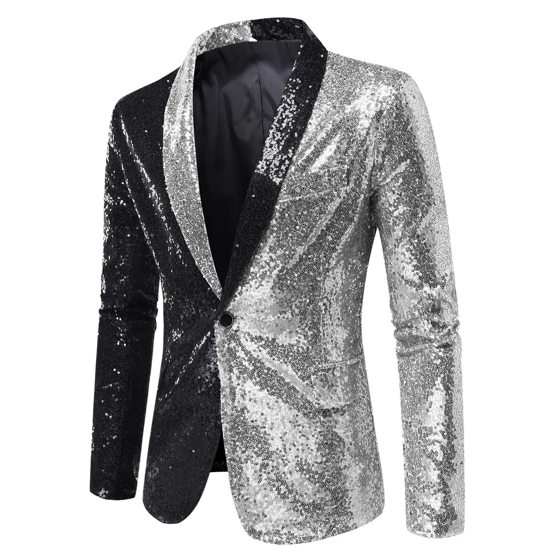 Mens Black Silver Sequins Tuxedo Blazers Stylish Shiny Shawl Lapel One Button Blazer Suit Jacket Men Disco Party Stage Costume